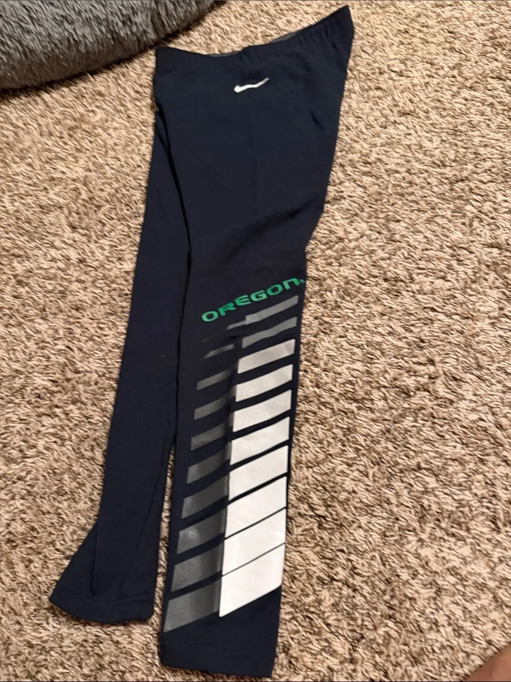 Nike Black Leggings with Green Oregon and Silver Reflective Stripes
